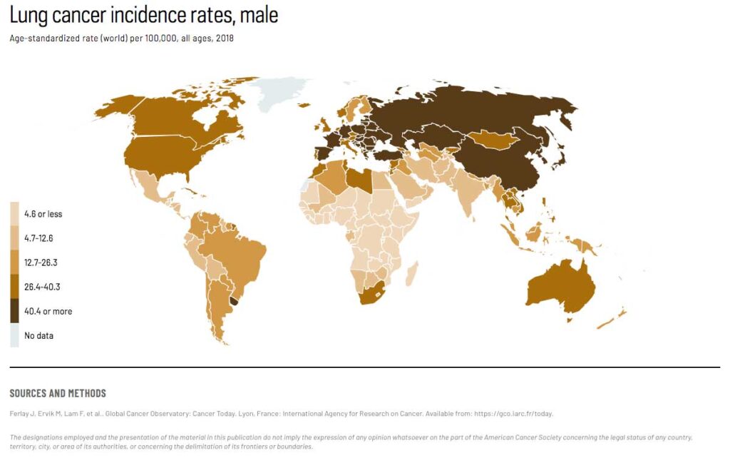 معدلات الإصابة عند الذكور في كافة أنحاء العالم لعام 2018 وفقاً لمرصد السرطان العالمي 
